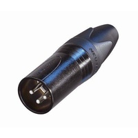 Neutrik NC3MXX-BAG 3 pole male cable connector with black metal housing and silver contacts.