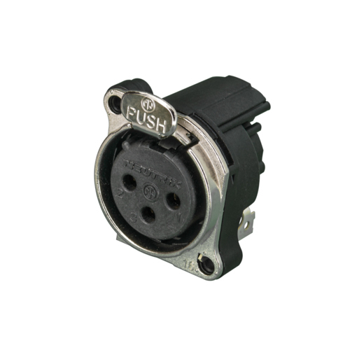Neutrik NC3FBH1 3 pole female XLR receptacle, grounding: mating connector shell to pin1 and front panel, horizontal PCB mount