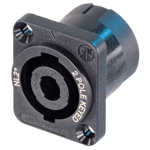 Neutrik NL2MP SpeakON 2 Pole Panel Male SQ - 2 pole chassis connector, black D-size flange, countersunk thruholes, 3/16" flat tabs