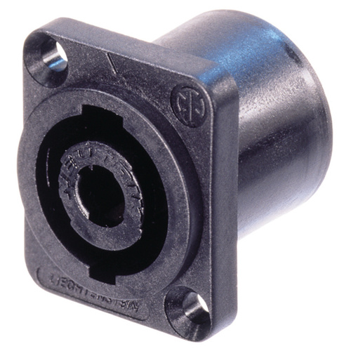 Neutrik NL4MP 4 pole chassis connector, black D-size flange, countersunk thru holes, 3/16" flat tabs