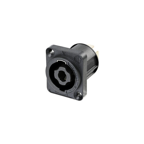Neutrik NL4MPXX 4 pole chassis connector, black D-size flange, countersunk thru holes, 3/16" flat tabs.